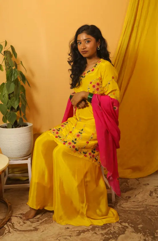 Noor Hand-Embroidered Yellow Plazzo Suit Set