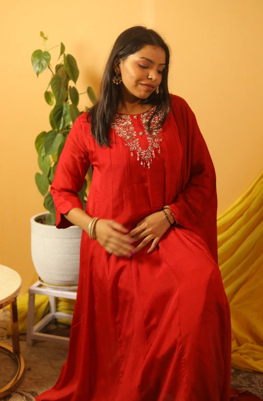 Laalima Red Anarkali Hand-Embroidered Suit Set