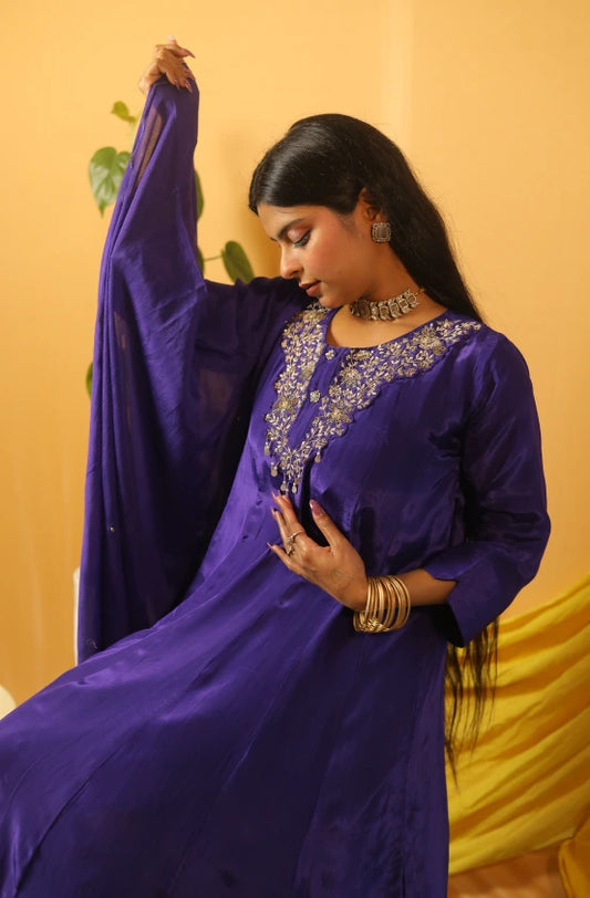 Neelkamal Purple Anarkali Hand-Embroidered Suit Set