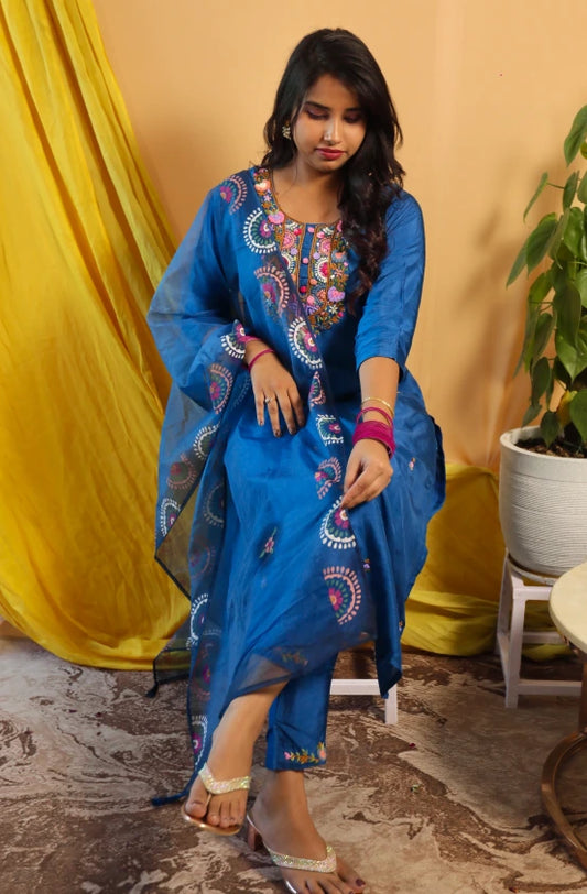 Megh Malhar Blue Suit Set with Bullion Hand Embroidery & Organza Dupatta