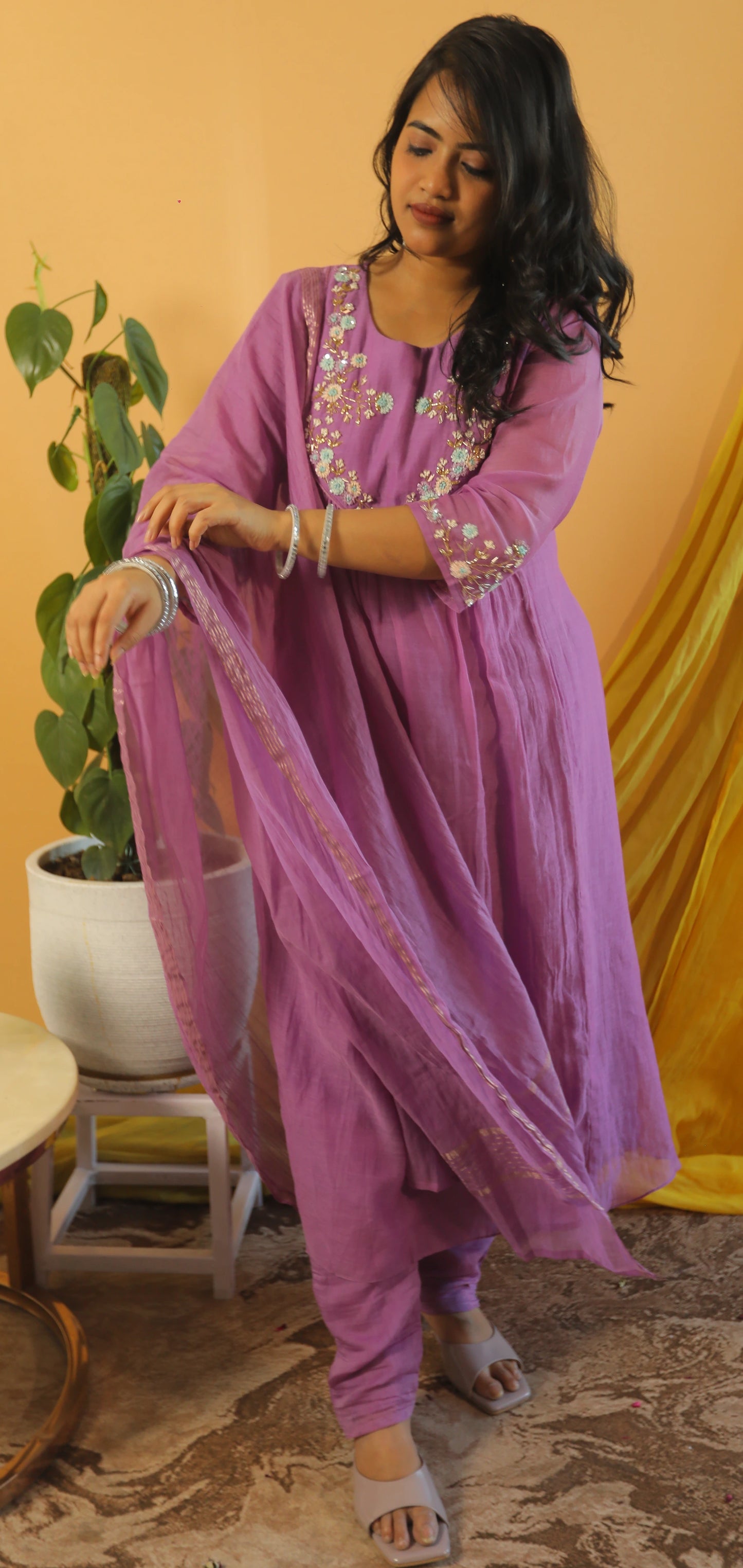 Sanjh Lilac Mul Chanderi hand emroidery Anarkali Suit Set