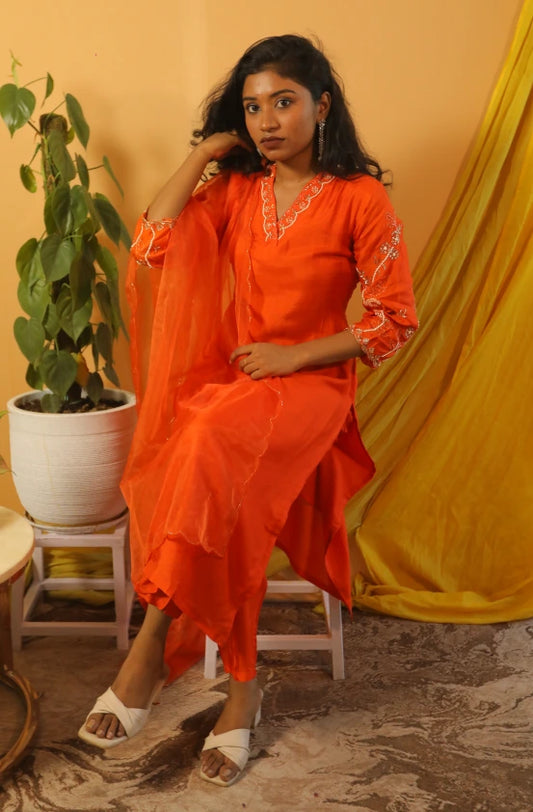 Kesar  Orange Dola Silk Suit Set with Hand Embroidery & Organza Dupatta