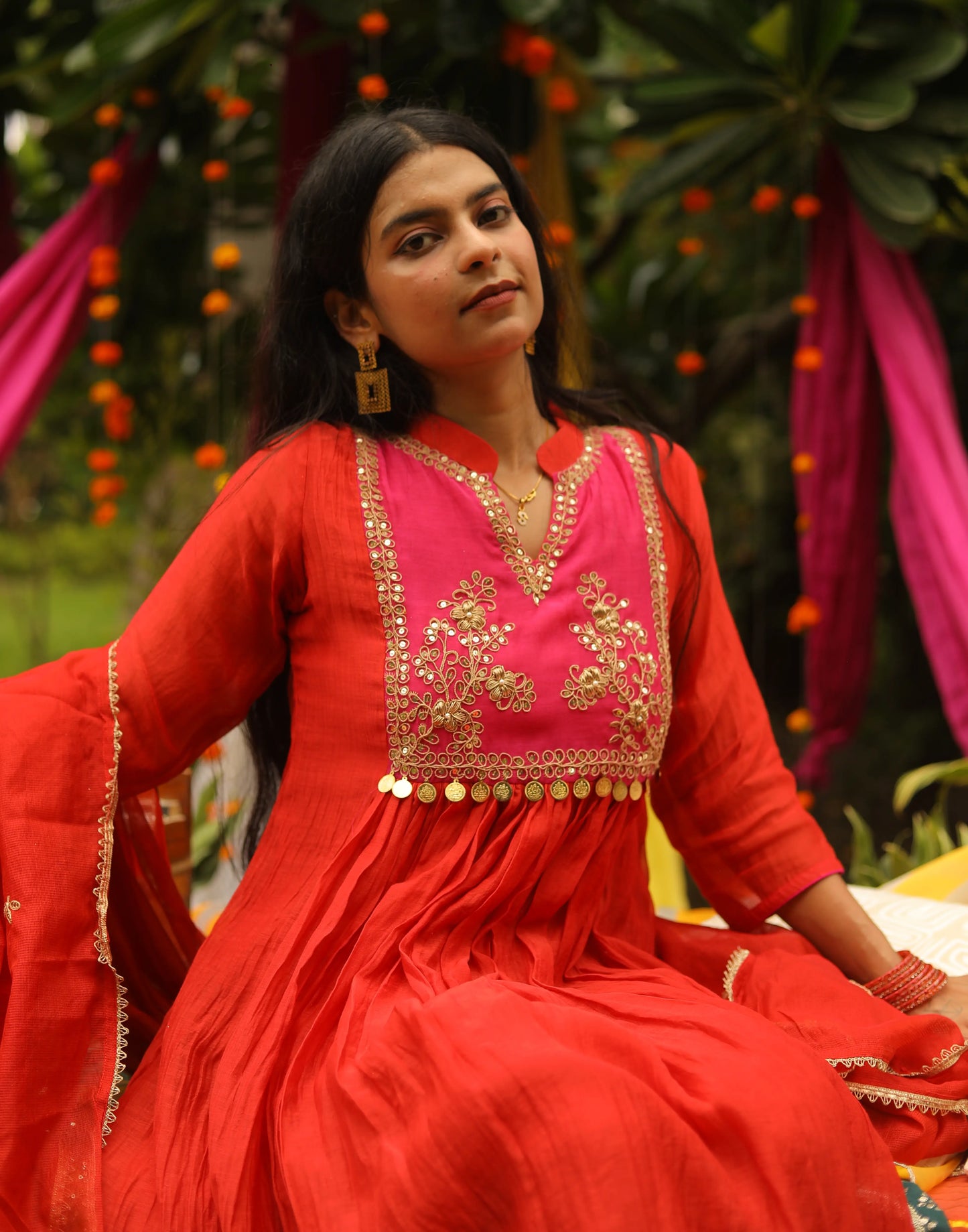 Gulnaar  Rust Orange Mul Cotton Anarkali Suit Set with Contrasting Neckline & Hand Embroidery