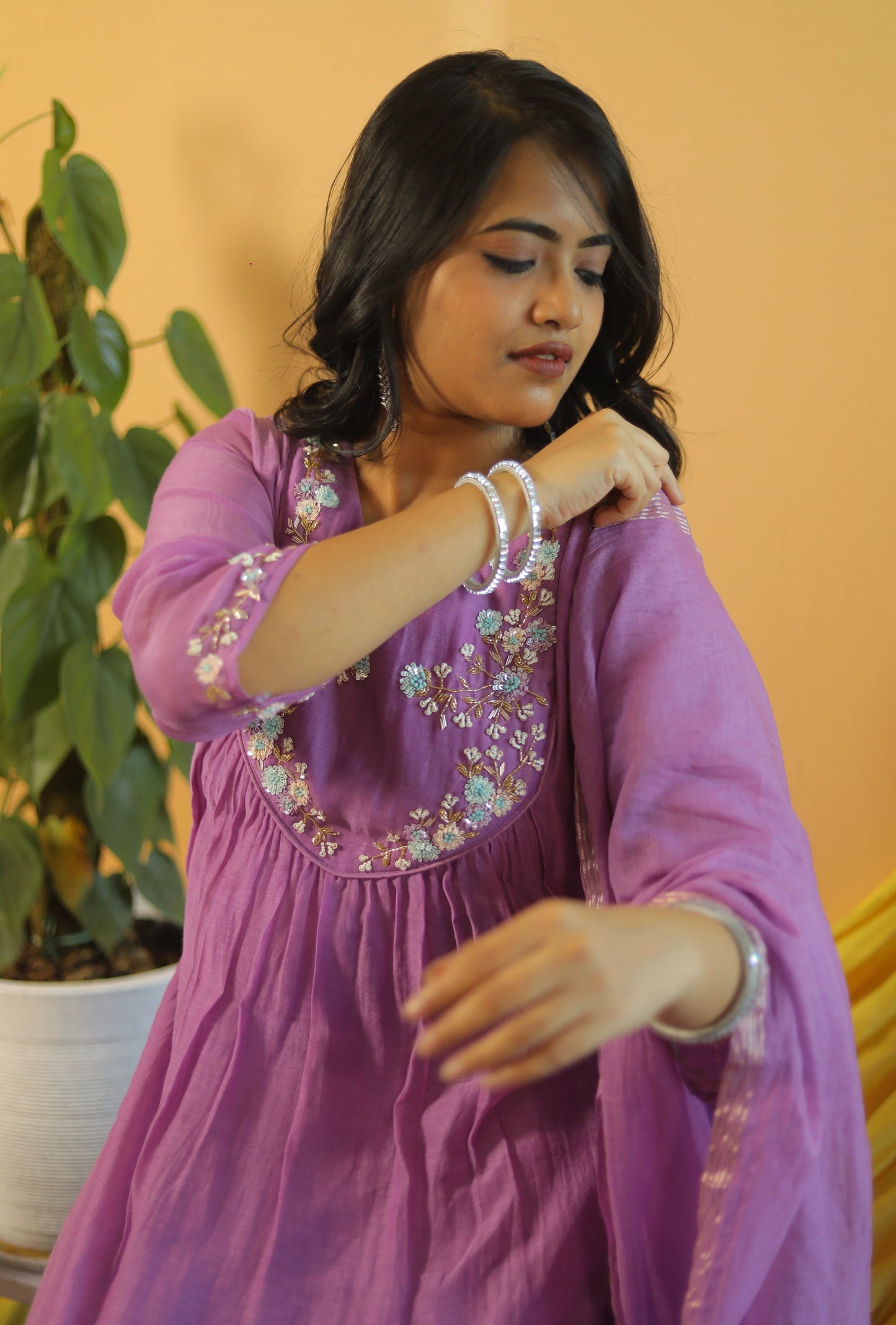 Sanjh Lilac Mul Chanderi hand emroidery Anarkali Suit Set
