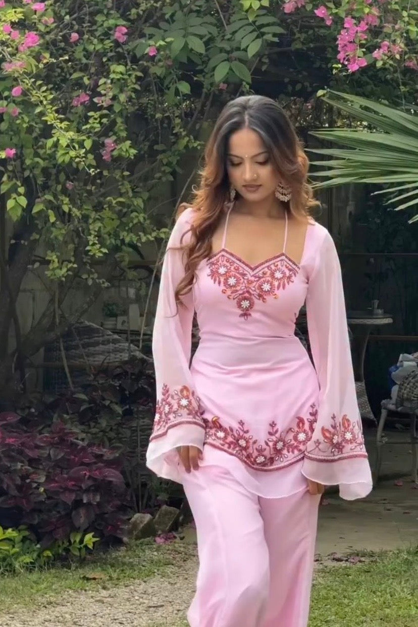 Pink Y2K embroided short kurti and plazo suit set with corset back and Dupatta