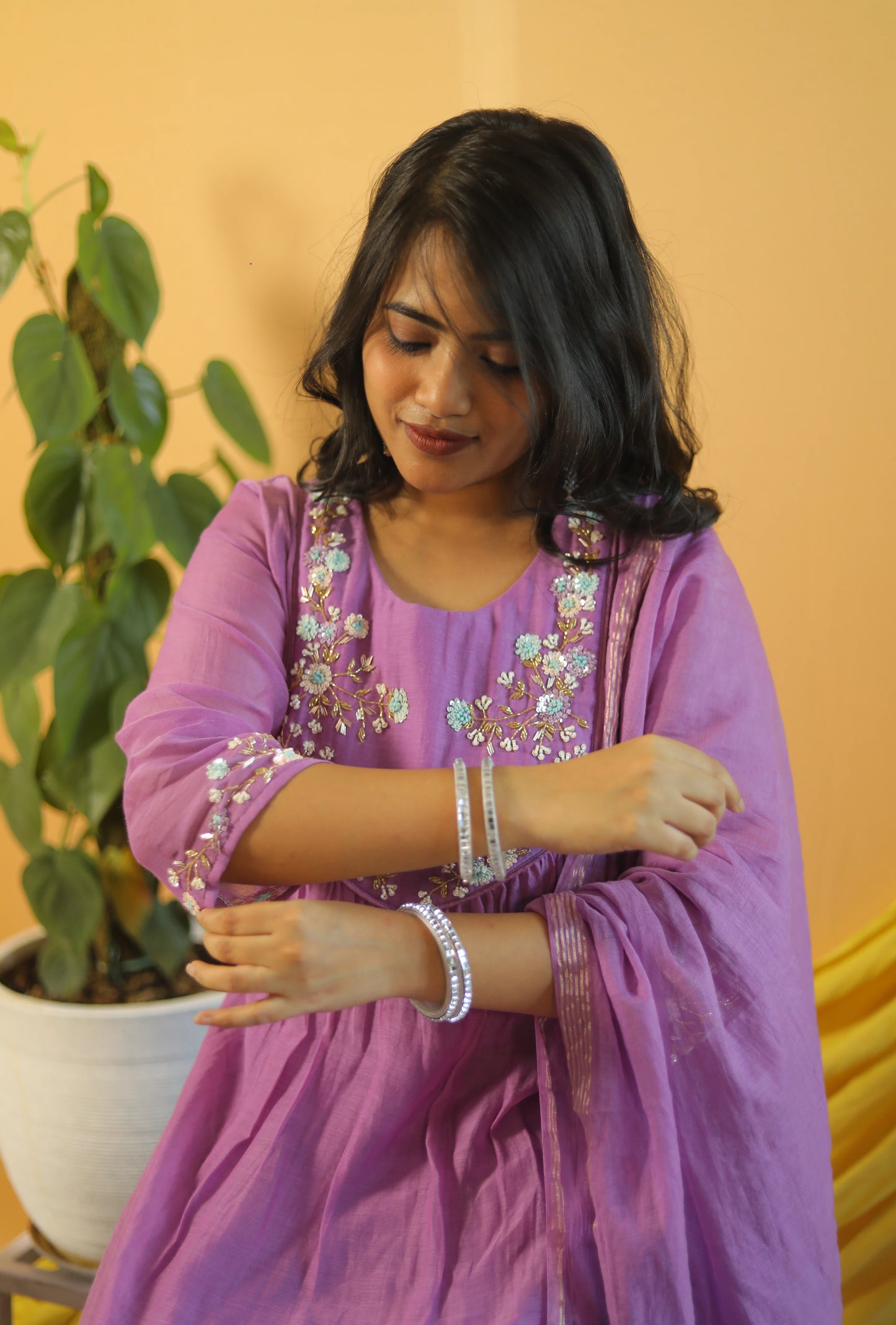 Sanjh Lilac Mul Chanderi hand emroidery Anarkali Suit Set