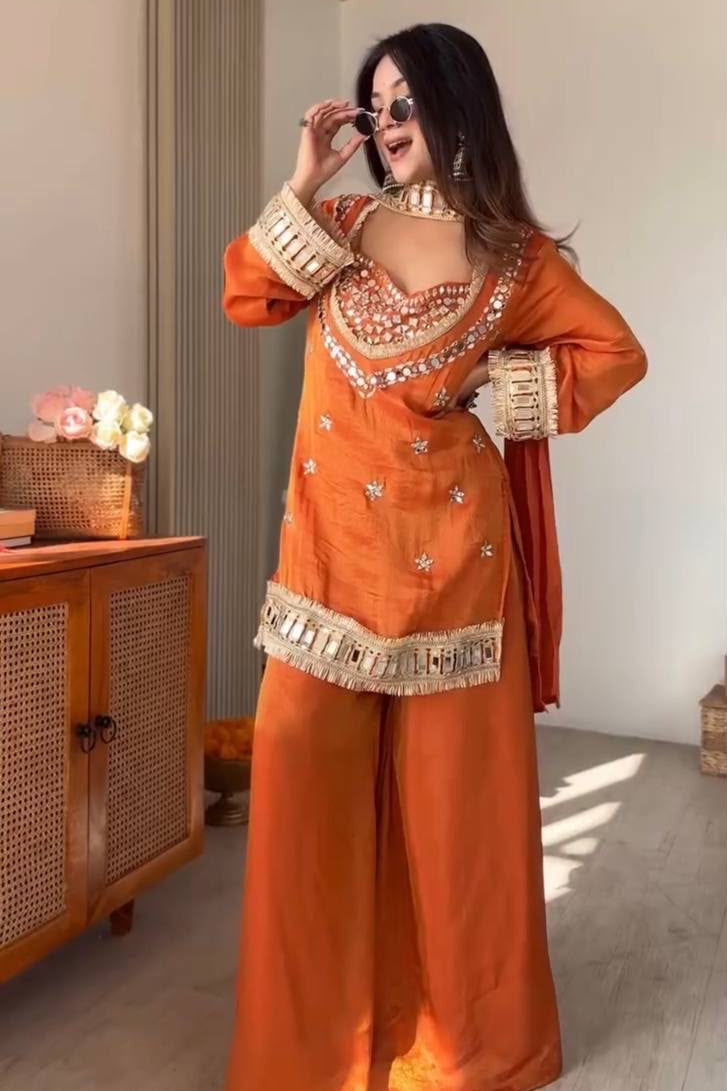 Amara Orange Suit set with Real Mirror work