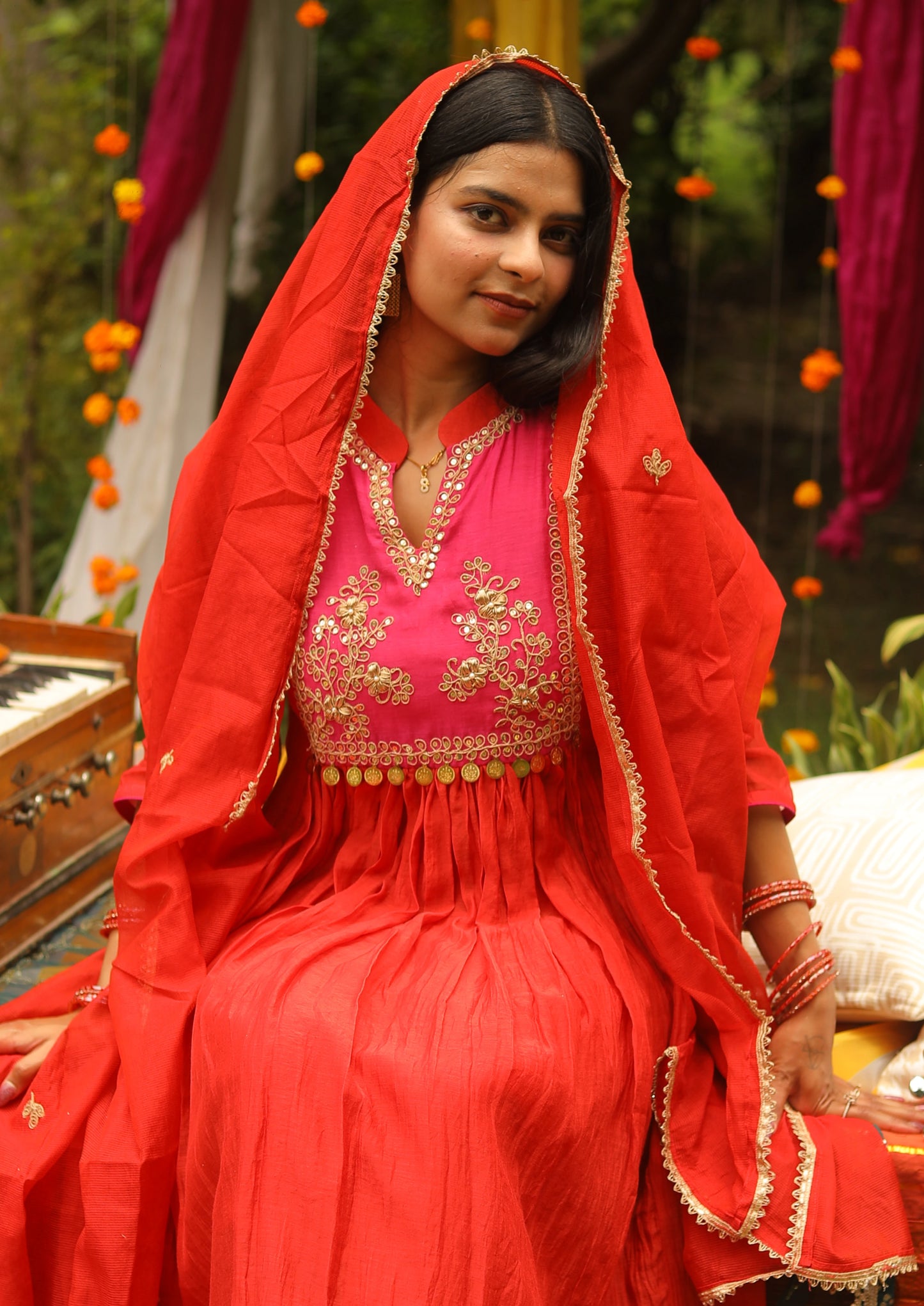 Gulnaar  Rust Orange Mul Cotton Anarkali Suit Set with Contrasting Neckline & Hand Embroidery