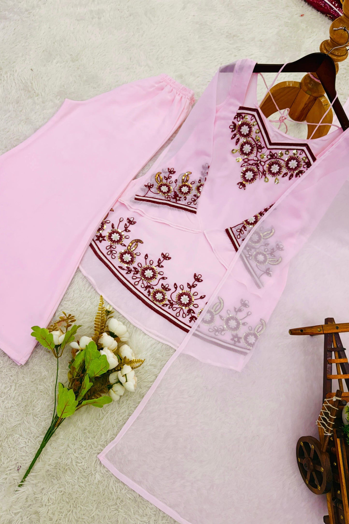 Pink Y2K embroided short kurti and plazo suit set with corset back and Dupatta