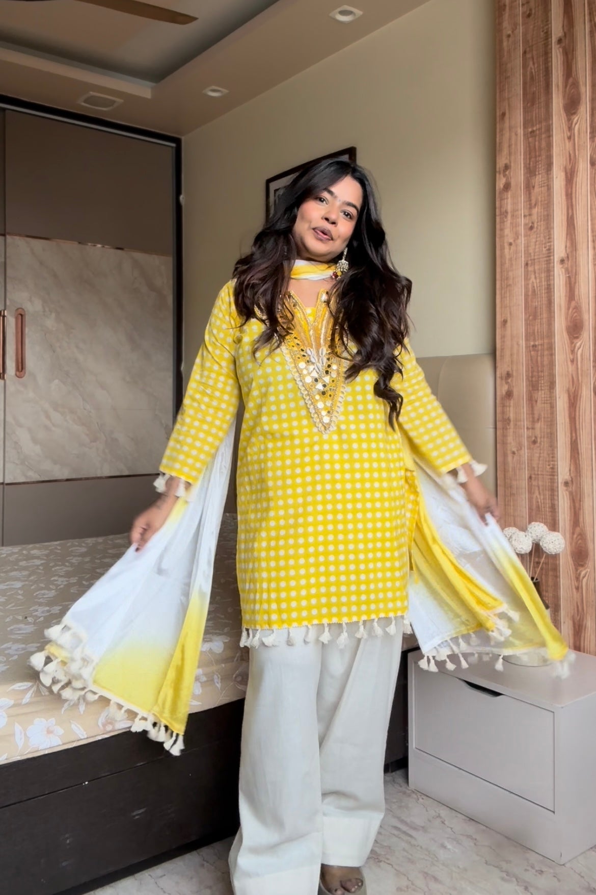 Yellow Polka Dot Cotton Farshi Salwar Suit Set