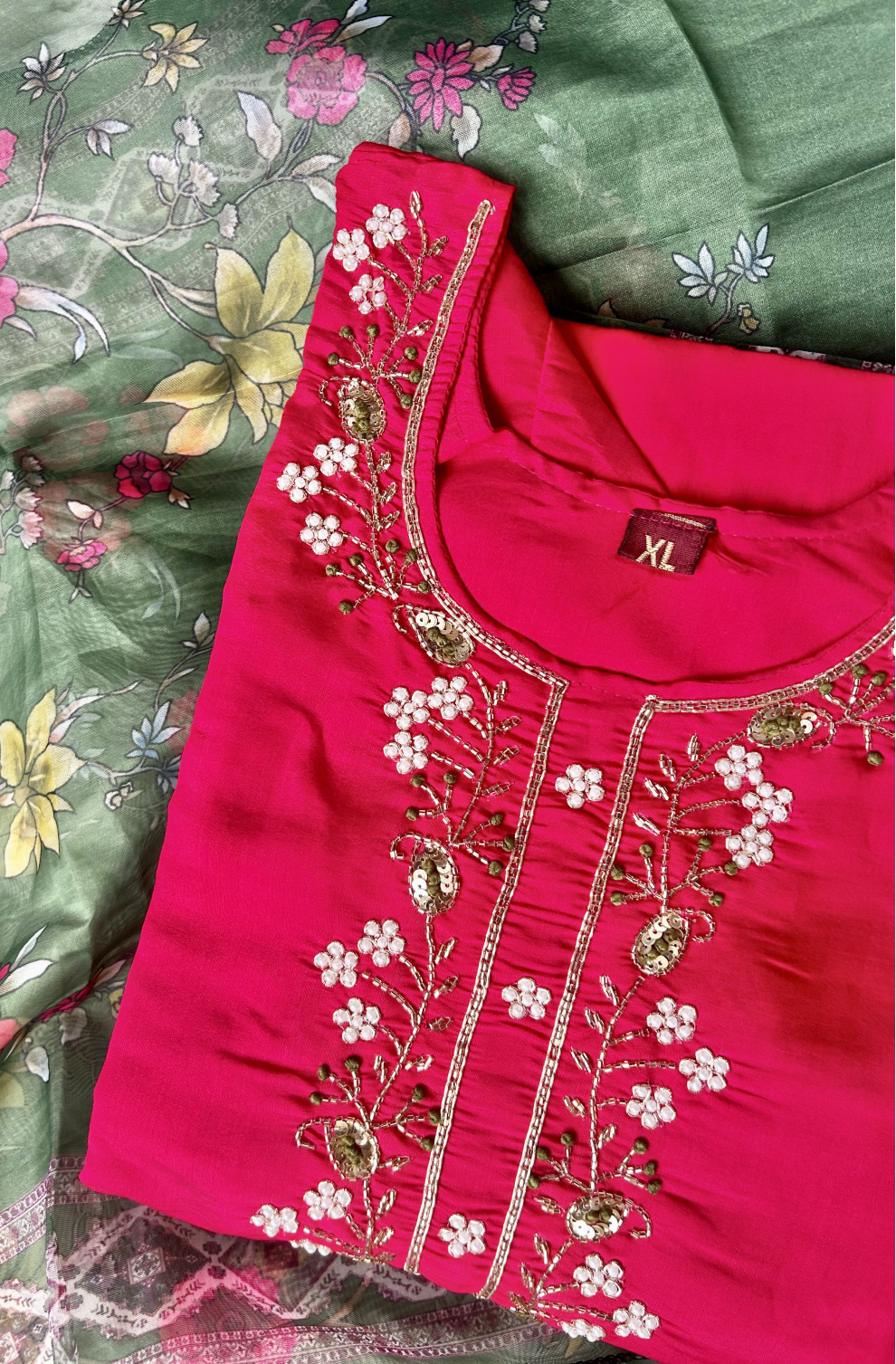Rani Pink Suit Set with Green Dupatta