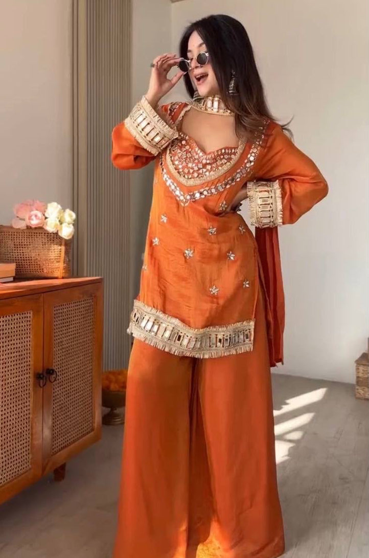 Amara Orange Suit set with Real Mirror work