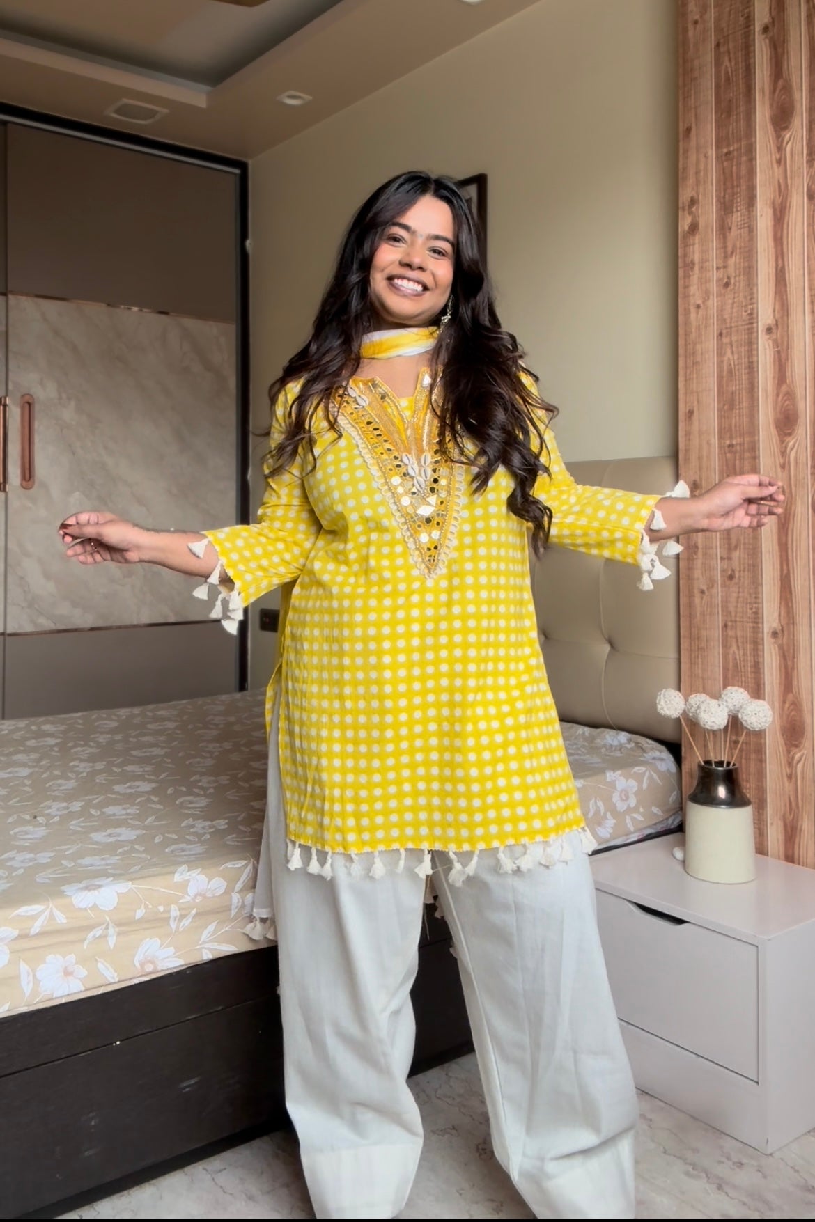 Yellow Polka Dot Cotton Farshi Salwar Suit Set
