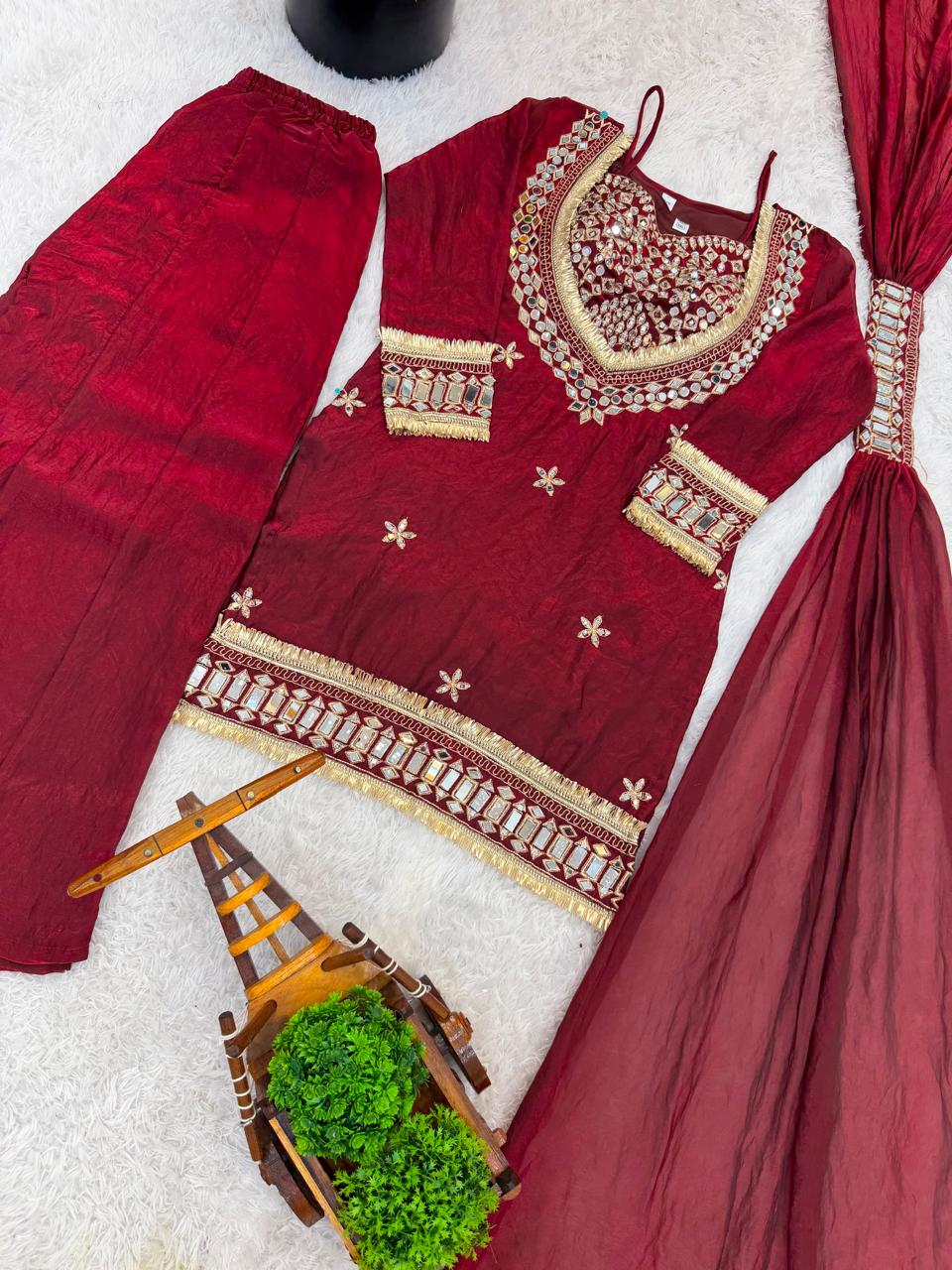Amara Wine White Suit set with Real Mirror work