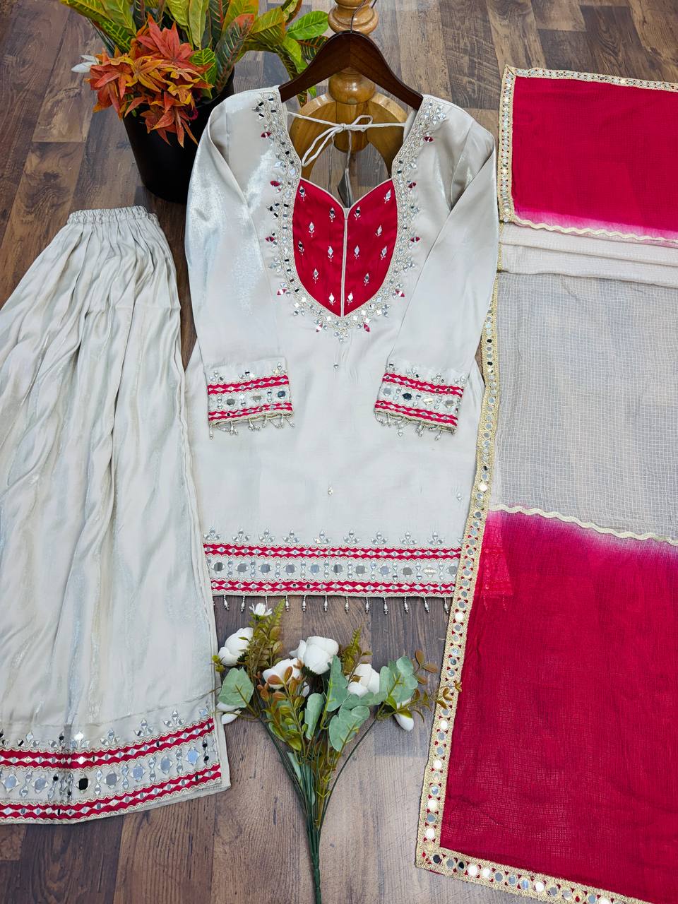 Royal White & Red Mirror Palazzo Set