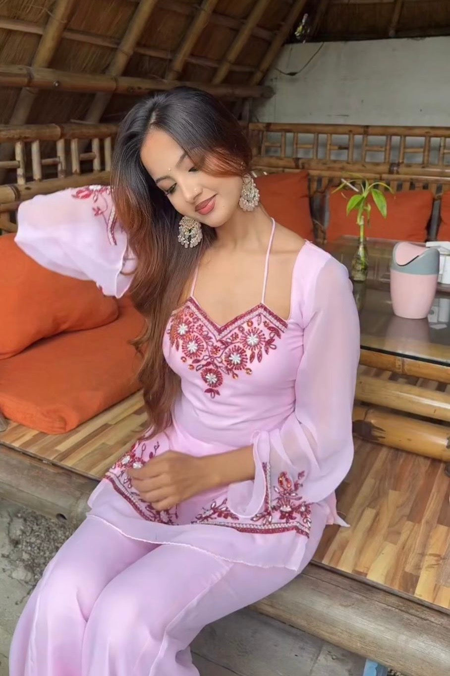 Pink Y2K embroided short kurti and plazo suit set with corset back and Dupatta
