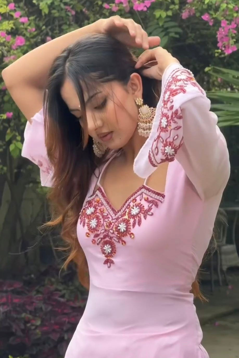 Pink Y2K embroided short kurti and plazo suit set with corset back and Dupatta