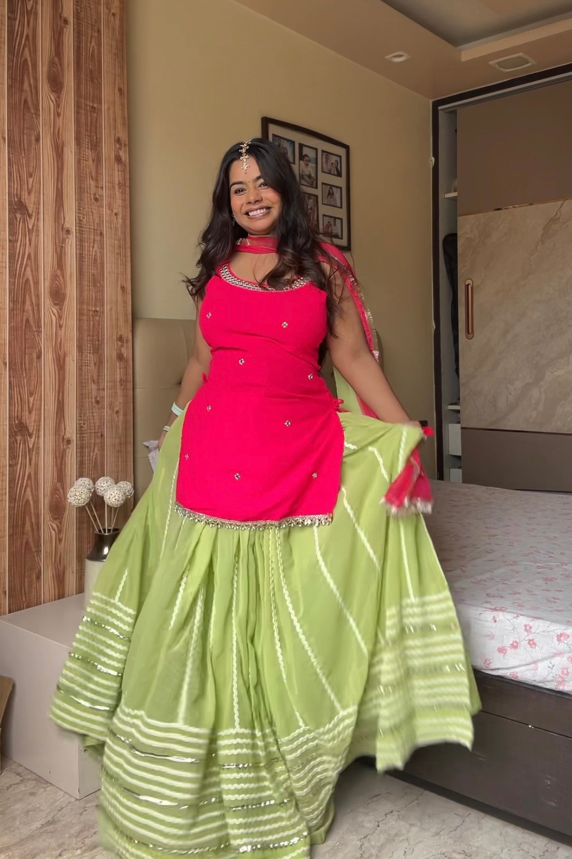 Pink & Green Kurti and Skirt Set with Real Mirror Work