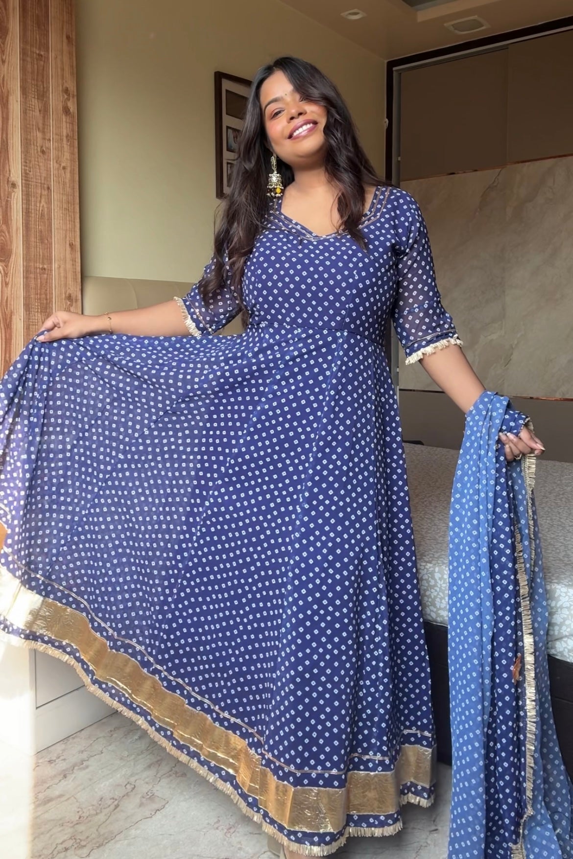 Blue Bandhani Anarkali Suit set