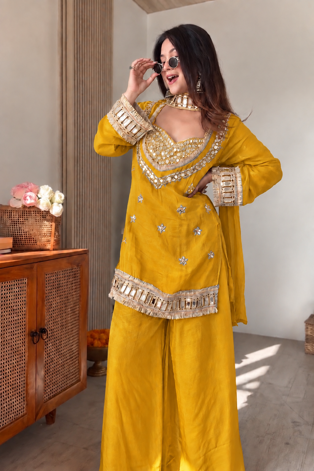 Amara Yellow Suit set with Real Mirror work