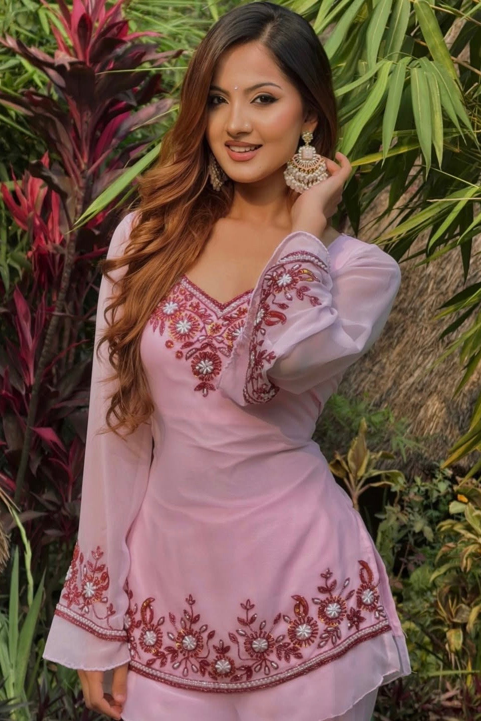Pink Y2K embroided short kurti and plazo suit set with corset back and Dupatta