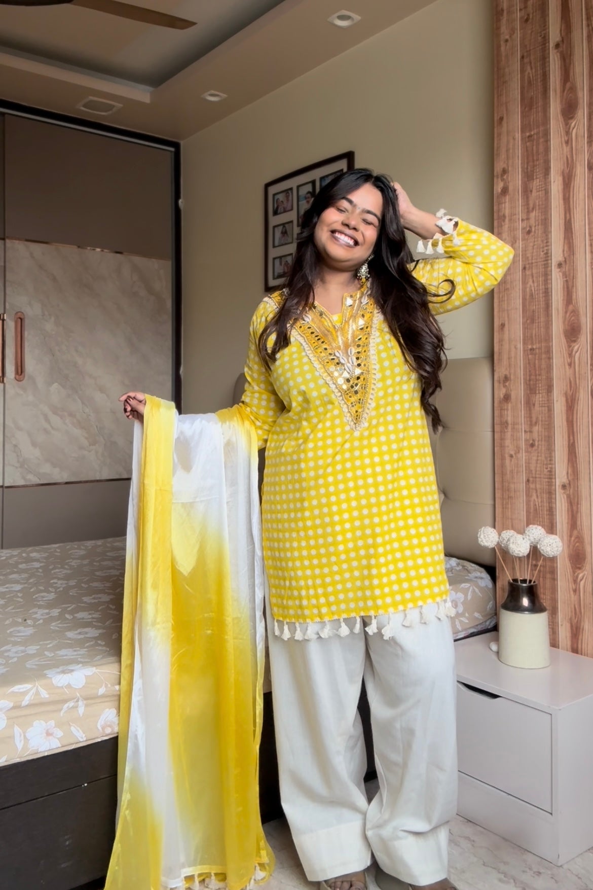 Yellow Polka Dot Cotton Farshi Salwar Suit Set