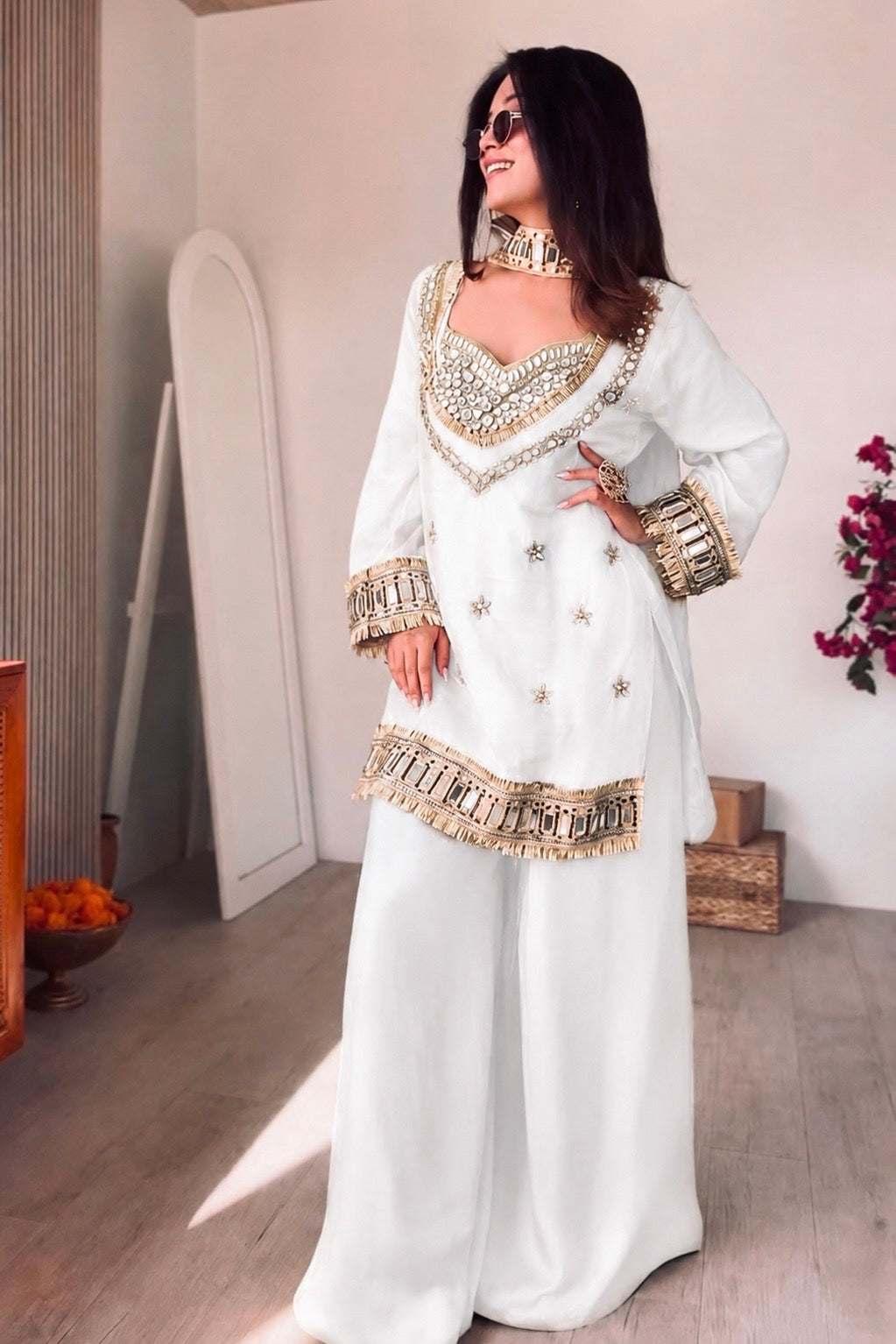 Amara White Suit set with Real Mirror work