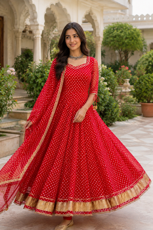Red Bandhani Anarkali Suit set