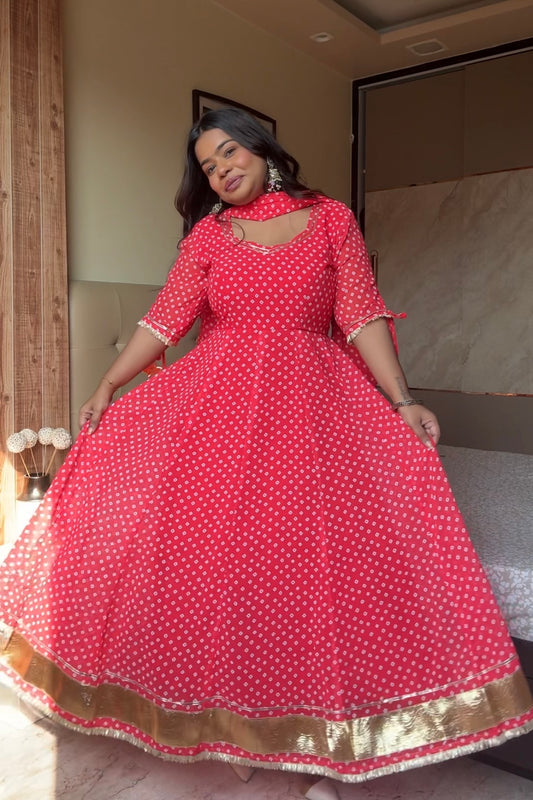 Red Bandhani Anarkali Suit set