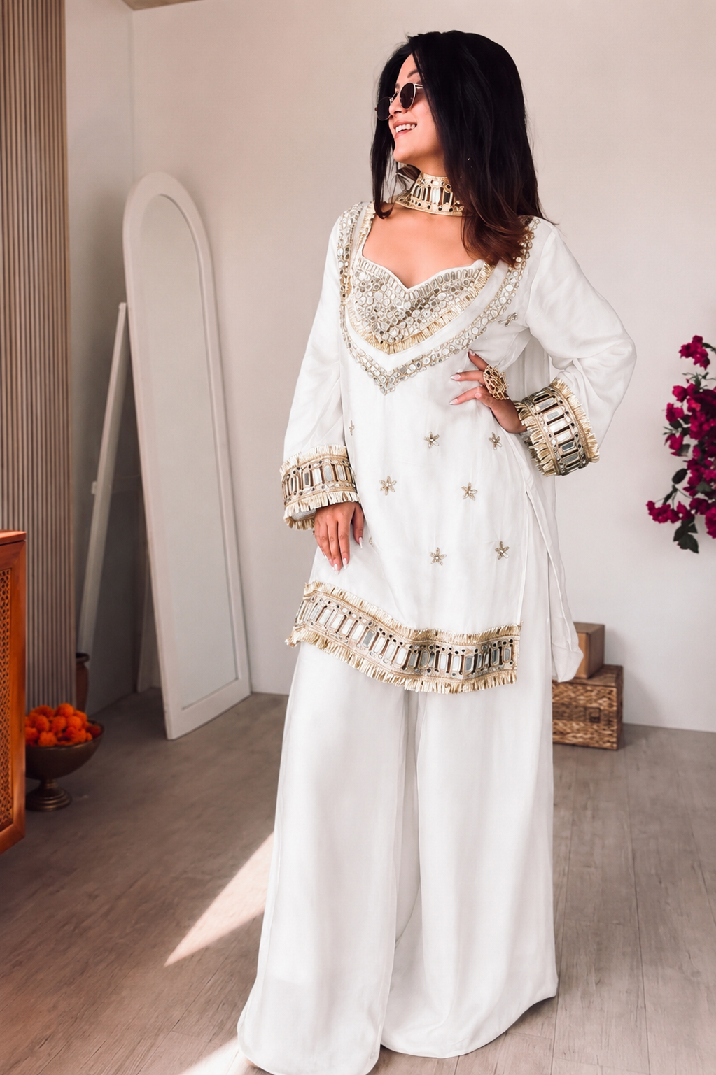 Amara White Suit set with Real Mirror work