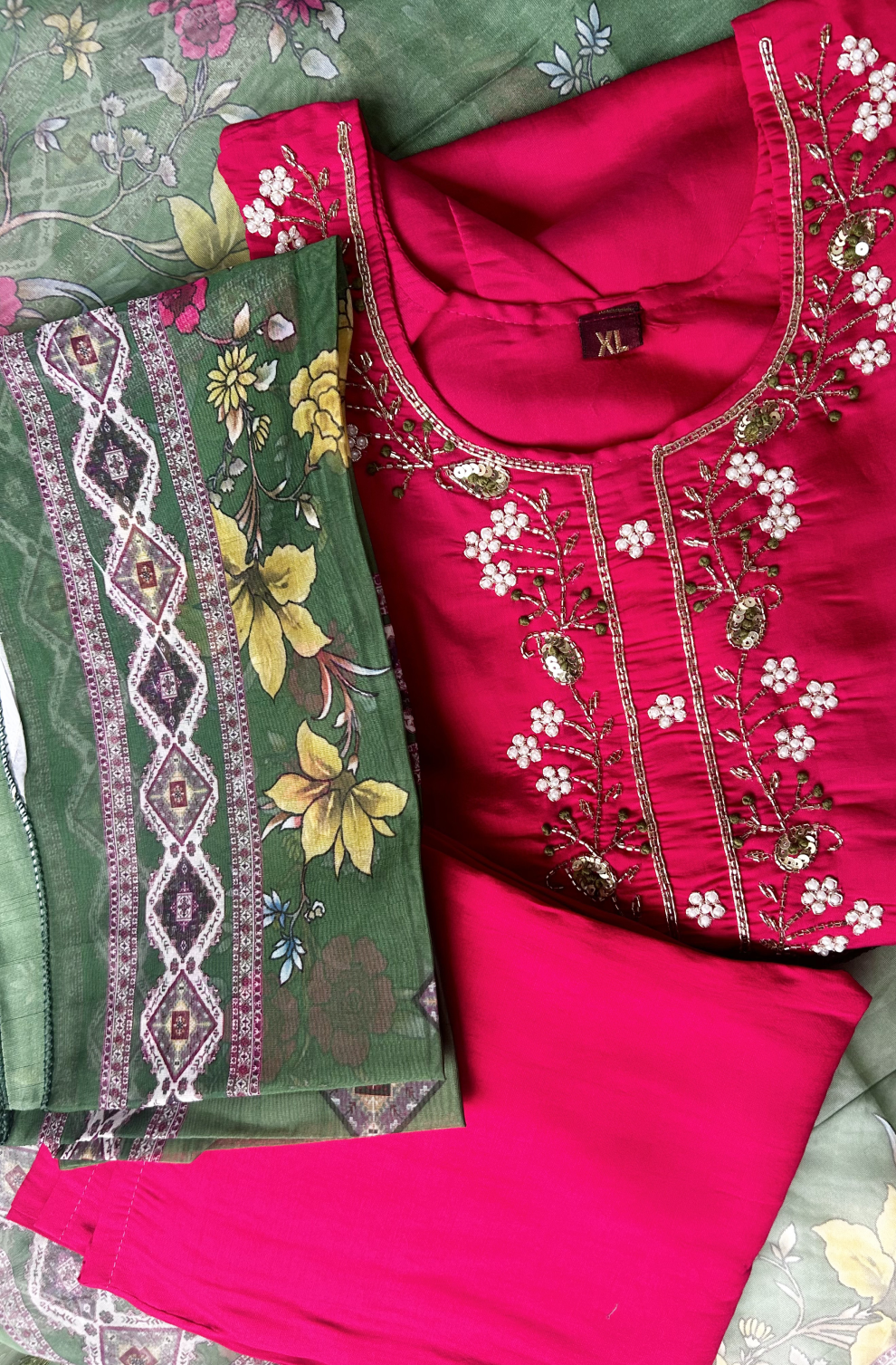 Rani Pink Suit Set with Green Dupatta