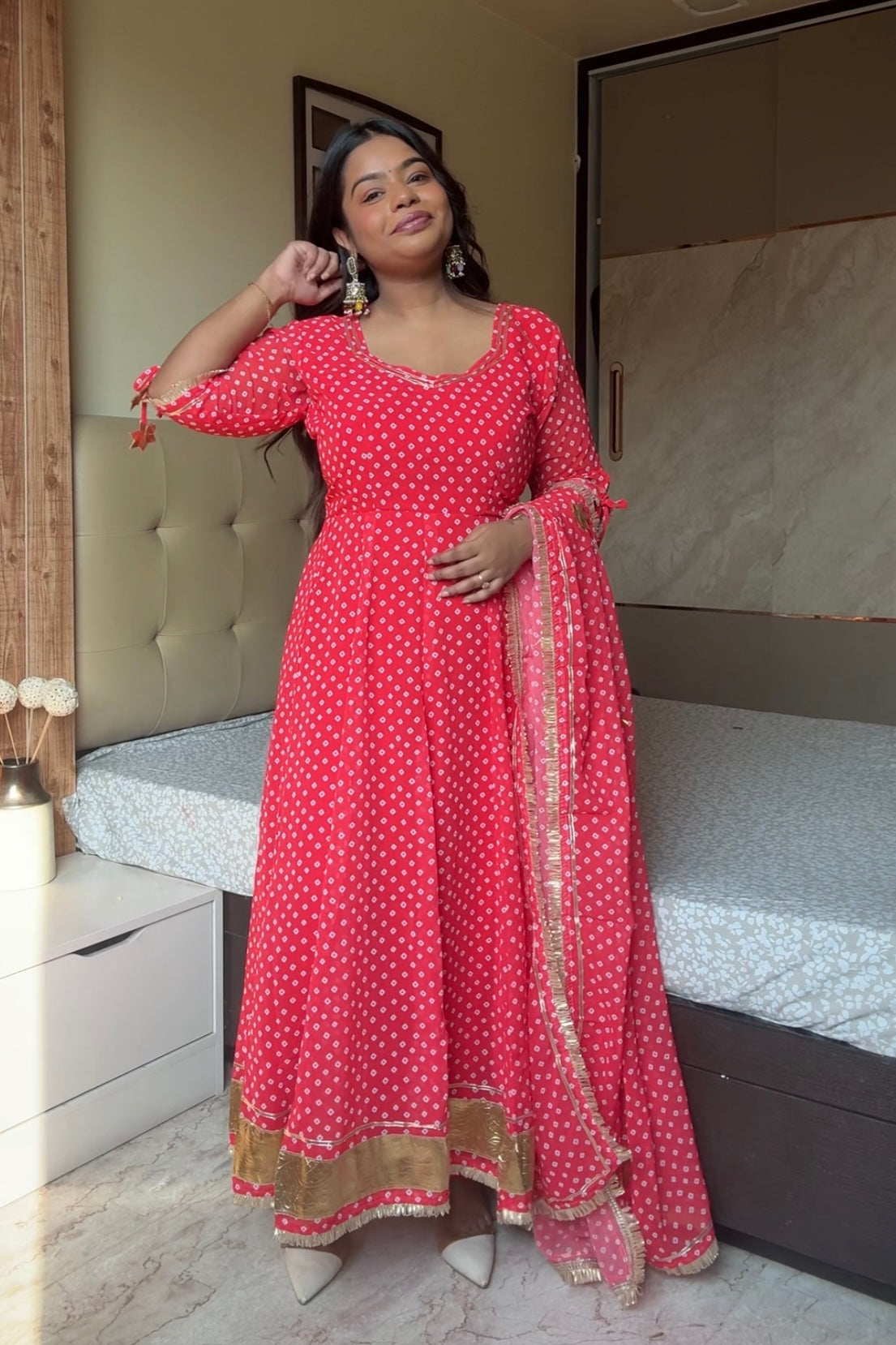 Red Bandhani Anarkali Suit set