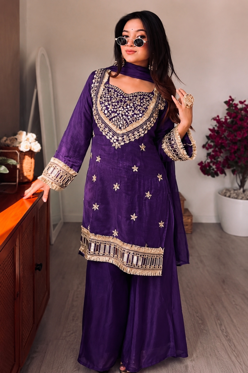 Amara Purple White Suit set with Real Mirror work