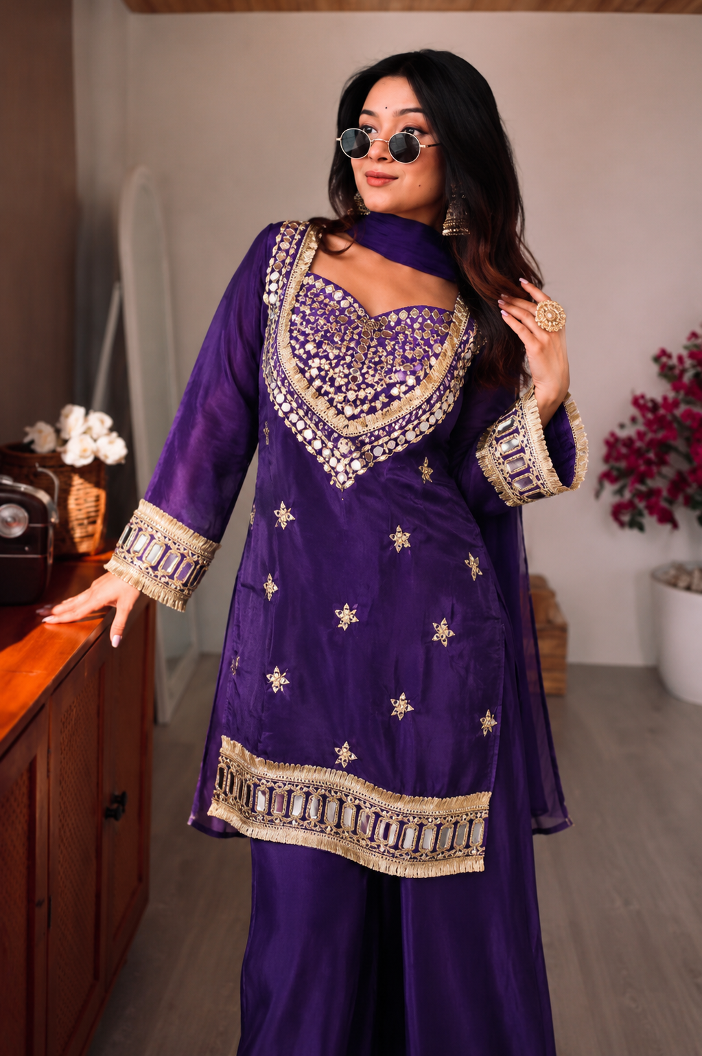 Amara Purple White Suit set with Real Mirror work