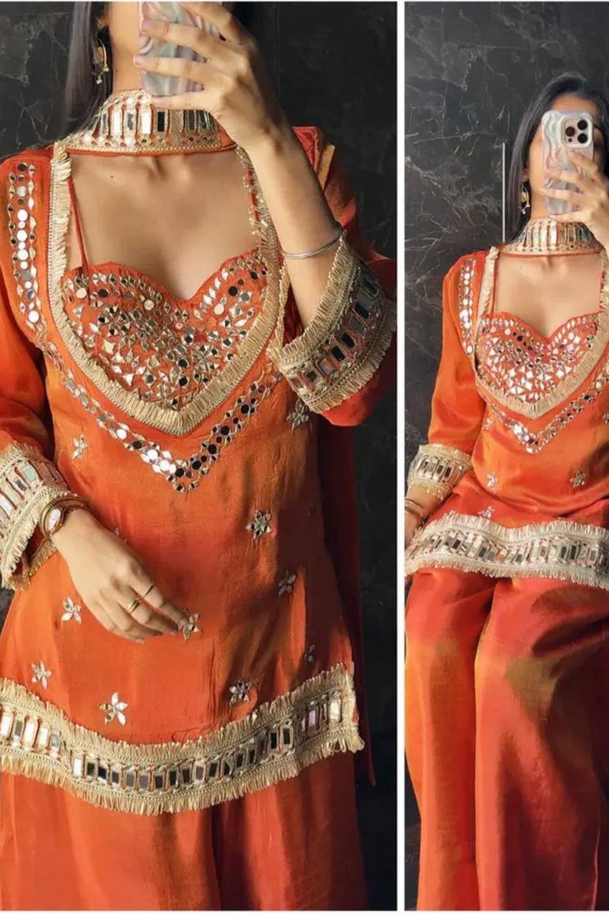 Amara Orange Suit set with Real Mirror work