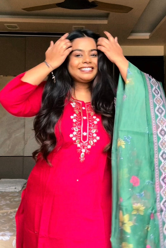 Rani Pink Suit Set with Green Dupatta