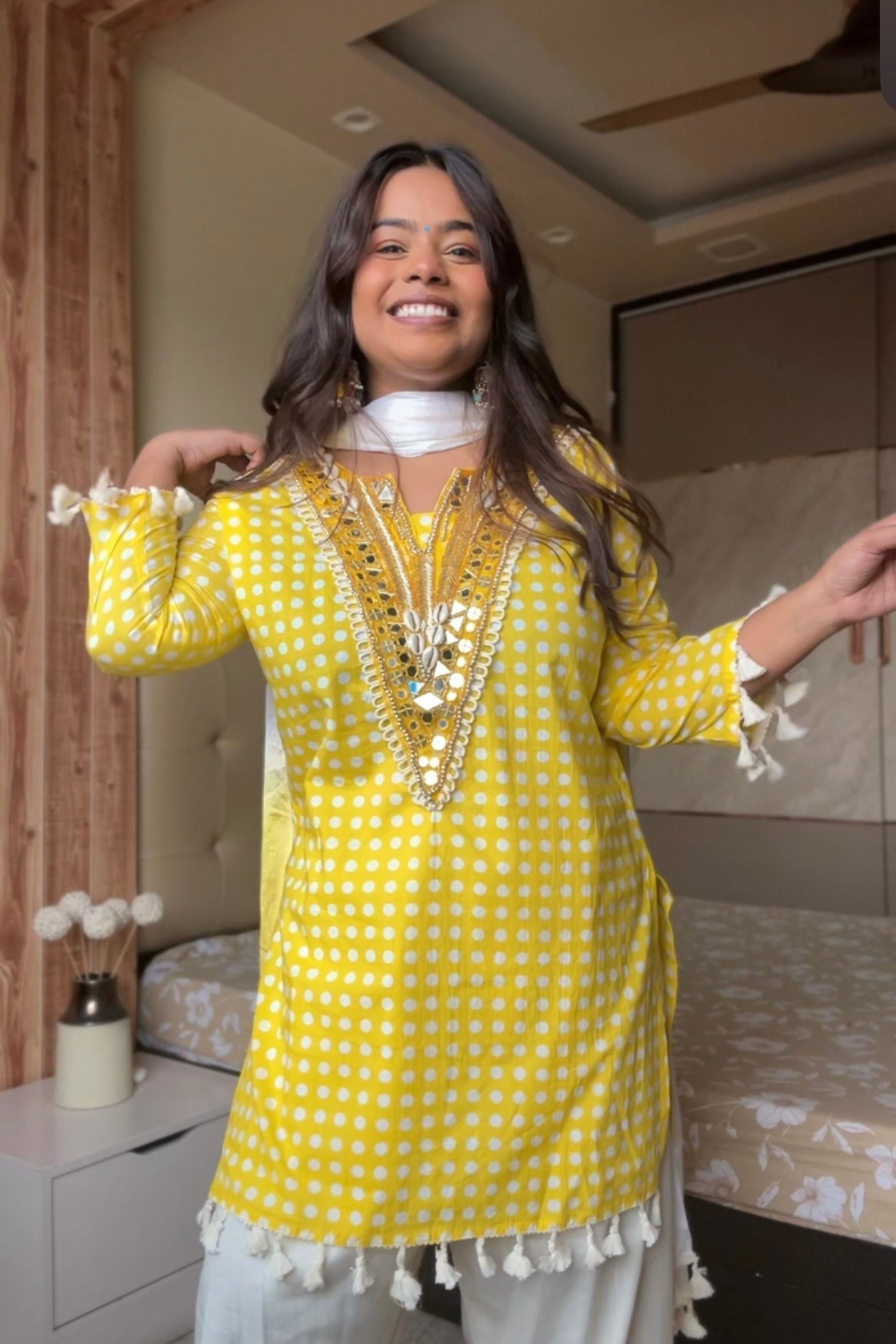 Yellow Polka Dot Cotton Farshi Salwar Suit Set