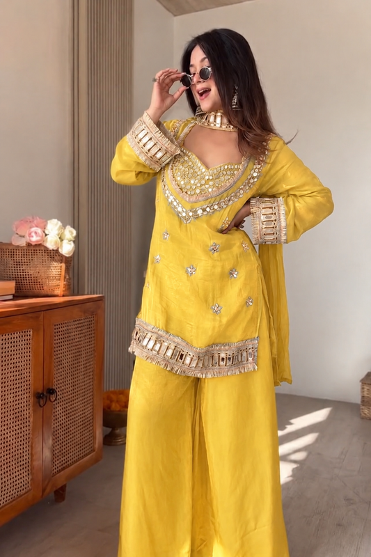 Amara Yellow Suit set with Real Mirror work