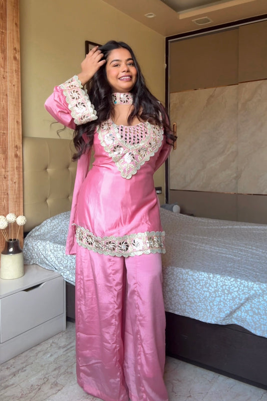 Sara Pink Mirror Work 4 Peice Suit Set