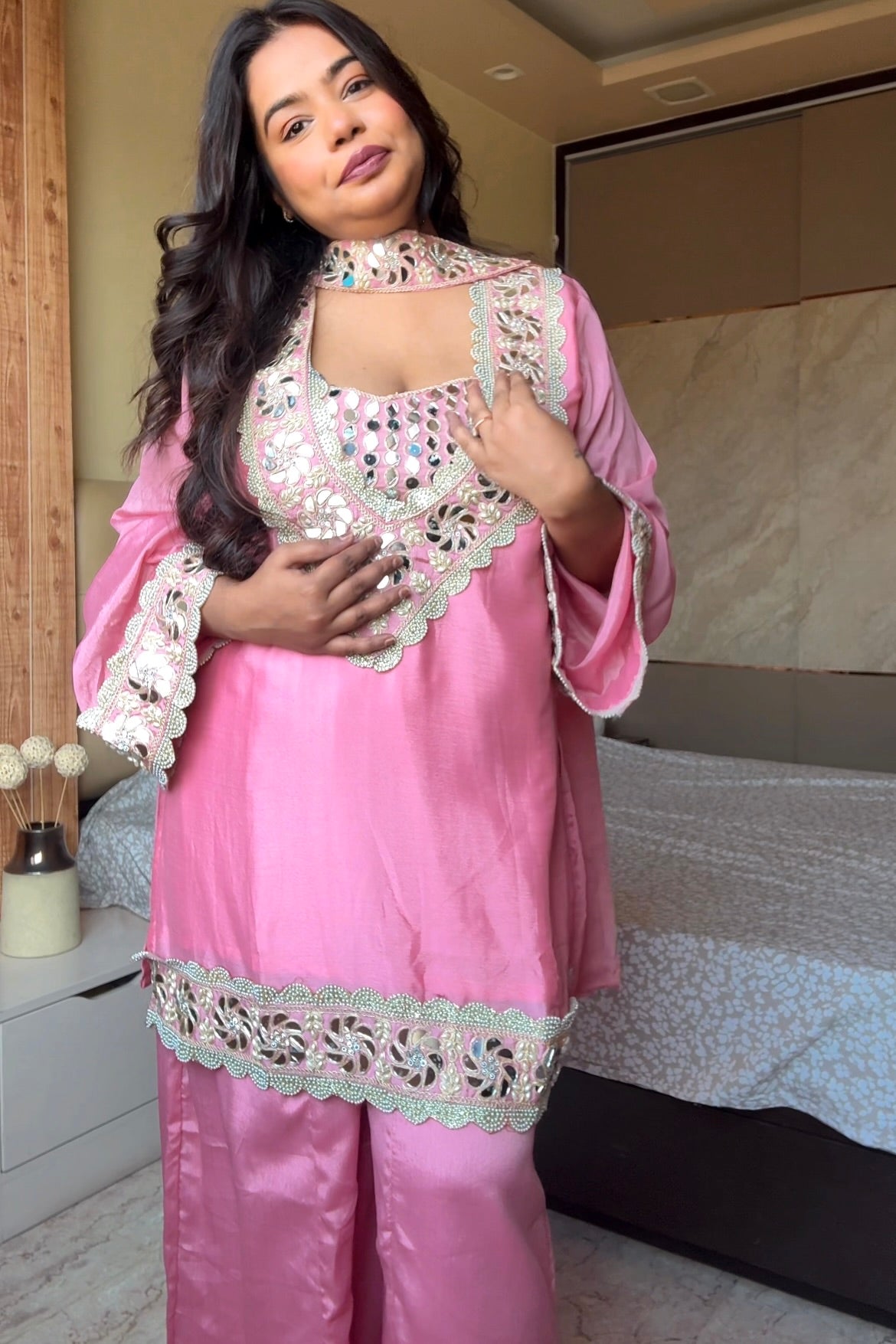 Sara Pink Mirror Work 4 Peice Suit Set