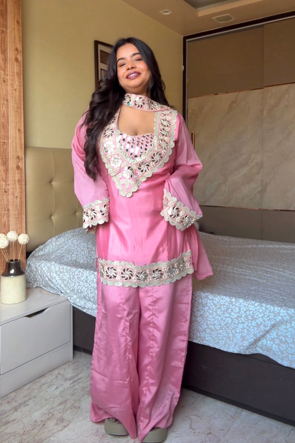 Sara Pink Mirror Work 4 Peice Suit Set