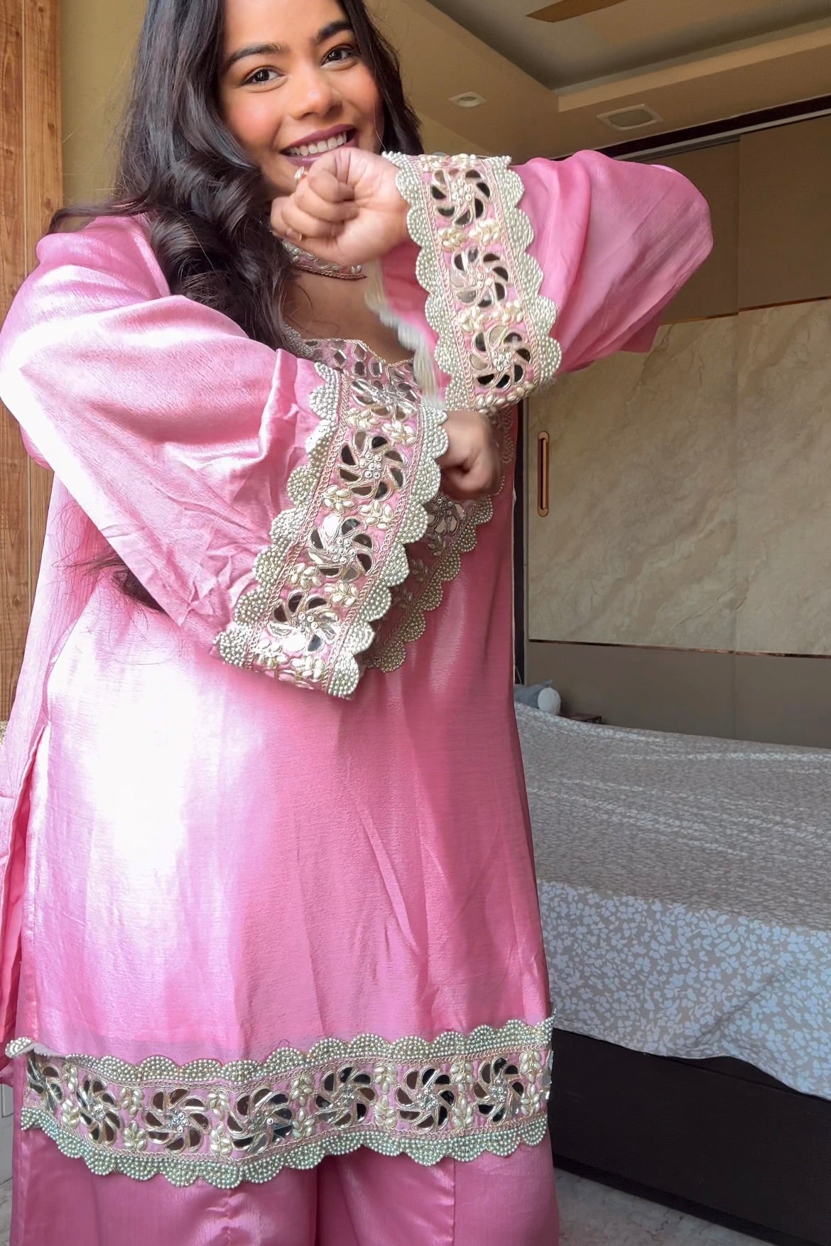 Sara Pink Mirror Work 4 Peice Suit Set