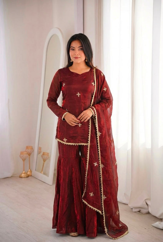Amaya Wine Kurti Plazo suit set