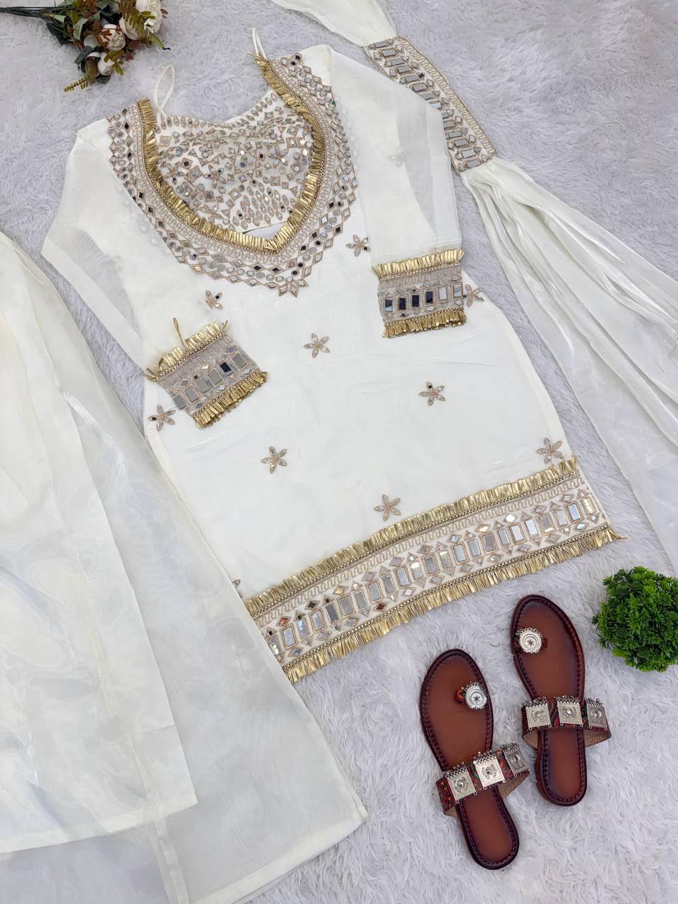 Amara White Suit set with Real Mirror work