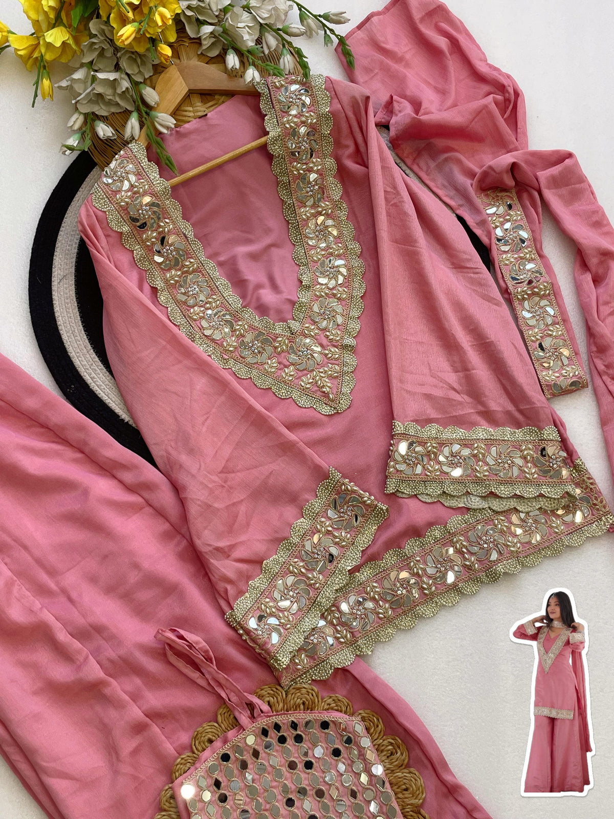 Sara Pink Mirror Work 4 Peice Suit Set